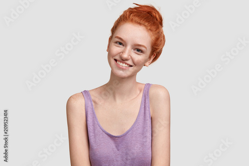 Joyful Ginger Female With Freckled Healthy Skin Being Happy - 