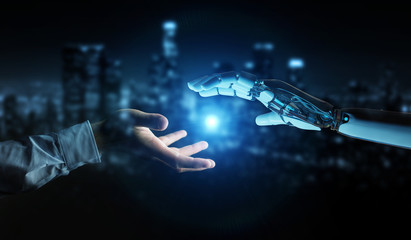 Fototapete - White cyborg hand about to touch human hand 3D rendering