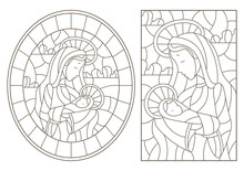 Set Of Contour Illustration In Stained Glass Style On Biblical Theme, Jesus Baby With Mary , Abstract Figures On Sky Background With Clouds, A Circular Image And A Rectangular Image