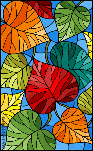 ilustracja-w-witrazu-stylu-z-kolorowymi-liscmi-na-blekitnym-tle