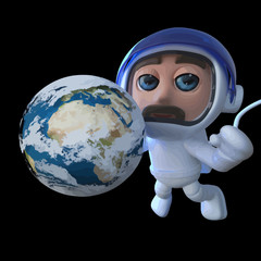 Wall Mural - Vector 3d Funny cartoon spaceman astronaut character with globe of Earth in space