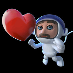 Wall Mural - Vector 3d Funny cartoon spaceman astronaut character chasing a heart in space