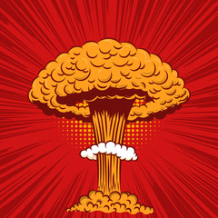 Comic style nuclear explosion on pop art style background. Design element for poster, card, banner, flyer.