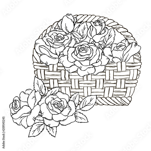 Download Vector Contour Rose Flowers Leaf Basket Coloring Book Stock Vector Adobe Stock