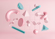 3d render realistic primitives composition. Flying shapes in motion isolated on pink background. Abstract theme for trendy designs. Spheres, torus, tubes, cones in metallic blue and pink colors.