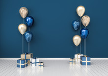 3D Interior Illustration With Dark Blue Golden Sequins Balloons And Gift Boxes. Glossy Metallic Composition With Empty Space For Birthday, Party Or Other Promotion Social Media Banners.