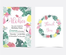 Green Pink Invitation Card With Plam, Pineapple,hibiscus,flamingo,banana Leaf,wreath And Flower In Summer