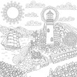 Lighthouse on sea shore and sailing ship. Coloring Page. Colouring picture. Adult Coloring Book idea. 