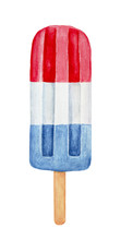 Red, White And Blue Patriotic Popsicle On Wooden Stick. Hand Drawn Water Color Drawing On White, Isolated Clip Art Element For Design. Memorial Day, Flag Day, 4th Of July, Labor Day Sweet Decoration.