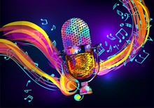 Music Background With Vintage Microphone. Vector Design For Music Festival, Karaoke And Concert. 