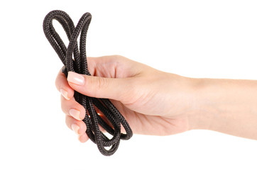 Rope black in hand on white background isolation