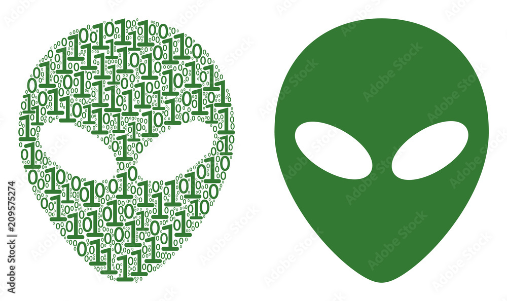 Alien face collage icon of zero and null digits in randomized sizes ...