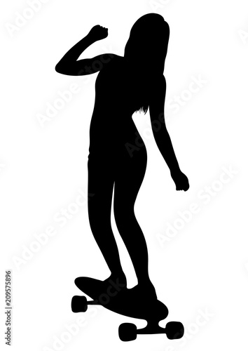 Girl is riding a skateboard silhouette, outline drawing, contour ...
