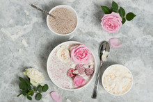Chia Seeds Pudding With Coconut. Rose Flowers. Raspberry.
