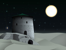 Night Landscape With Ancient Tower And Fortress In Desert With M