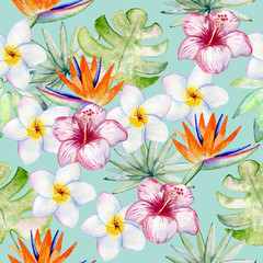 Wall Mural - Tropical seamless watercolor pattern with green leaves and flowers.