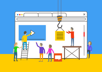 Abstract web-site creation process. Small people working on web design. Web site construction team. Vector flat illustration.