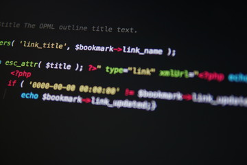 Simple website HTML code with colorful tags in browser view on dark background. Software developer programming code. Screen of code for overlay background.