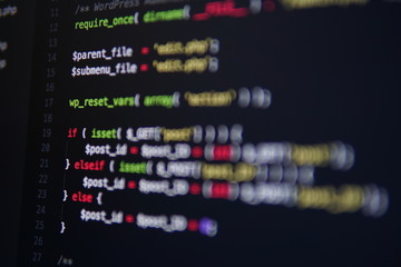 simple website html code with colorful tags in browser view on dark background. software developer p