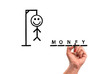 hangman traditional game. hand with pen writes word MONEY. white isolated background