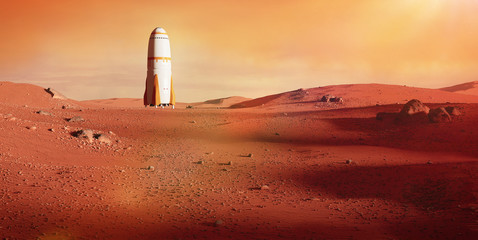 Wall Mural - landscape on planet mars, spaceship landing on the red planet