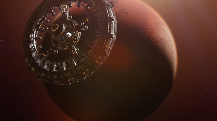 Wall Mural - huge space station in orbit of the red planet mars