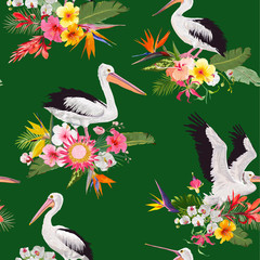 Naklejka na meble Tropical Nature Seamless Pattern with Pelicans and Flowers. Floral Background with Waterbirds for Fabric, Textile, Wallpaper. Vector illustration