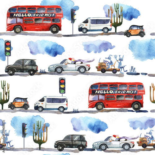 wektorowy-wzor-z-pojazdami-w-stylu-retro-czerwony-pietrowy-autobus