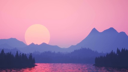 Sticker - Sunset over a lake surrounded by coniferous forest and mountains. Vivid pink sky