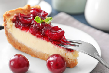 Sticker - Delicious cheesecake with cherries on plate, closeup