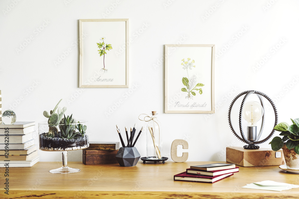 Vintage Creative Home Office Interior With Wooden Desk