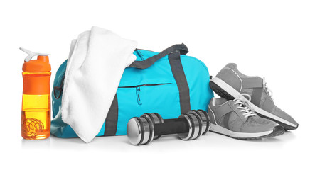 Canvas Print - Sports bag and gym stuff on white background