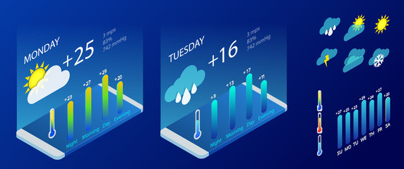 isometric set of weather application design elements. weather symbols, design for a mobile applicati