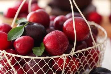 Metal basket with ripe juicy plums on table, closeup