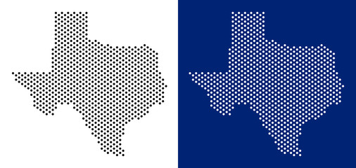 Wall Mural - Pixel Texas map. Vector geographic map on white and blue backgrounds. Vector mosaic of Texas map constructed from spheric elements.
