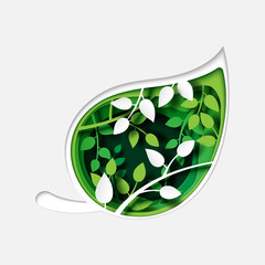 Aufkleber - Paper cut of green leaves abstract background template.Ecology and environment concept design vector illustration.