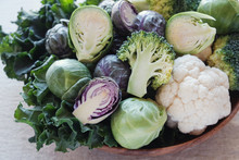 Cruciferous Vegetables, Cauliflower,broccoli, Brussels Sprouts, Kale In Wooden Bowl, Reducing Estrogen Dominance, Ketogenic Diet, Plant Based Vegan Food