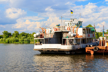 Ferryboat at the wharf on the river Dnieper, Ukraine