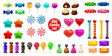 Supe Set Of Different Sweets On Black Background Hard Candies Dragee Jelly Beans Peppermint Candy. Vector Illustration,