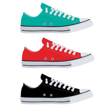 Flat Image Of Sneakers. Sneakers Are Red , Black, Turquoise. Simple Sneakers In Different Colors