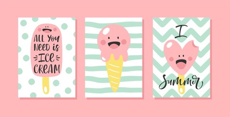 Wall Mural - Set of cute summer cards with ice cream and hand written text. For birthday, anniversary, party invitations. Vector illustration.