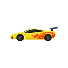 Bright Yellow Racing Car With Spoiler, Tinted Windows. Fast Sports Automobile With Tongue Of Flame. Flat Vector For Mobile Game