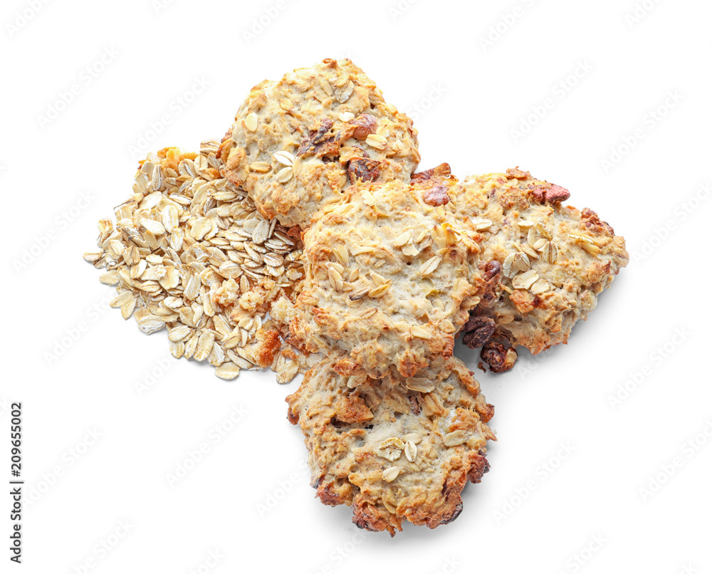 Delicious oatmeal cookies on white background