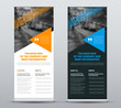 © olegphotor - template of vector roll-up banners with blue and orange triangles and a place for a photo.