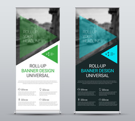 Wall Mural - vector design of roll-up banners with transparent green and blue triangles and a place for photos.