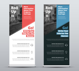 Wall Mural - templates of vector white and black roll-up banners with diagonal colored elements and a place for p