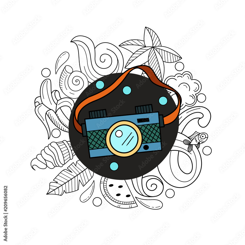 Cartoon hand drawn poster consisting of individual elements. Summer, rest, sea, rest. Vector illustration in a linear cartoon style.