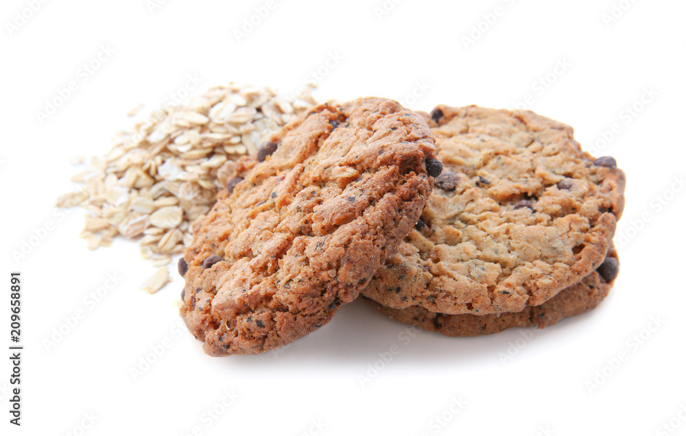 Delicious oatmeal cookies on white background