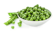 Bowl With Green Peas On White Background