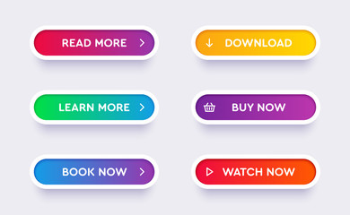 Fototapete - Set of vector modern material style buttons. Different gradient colors and icons on white forms with shadows.